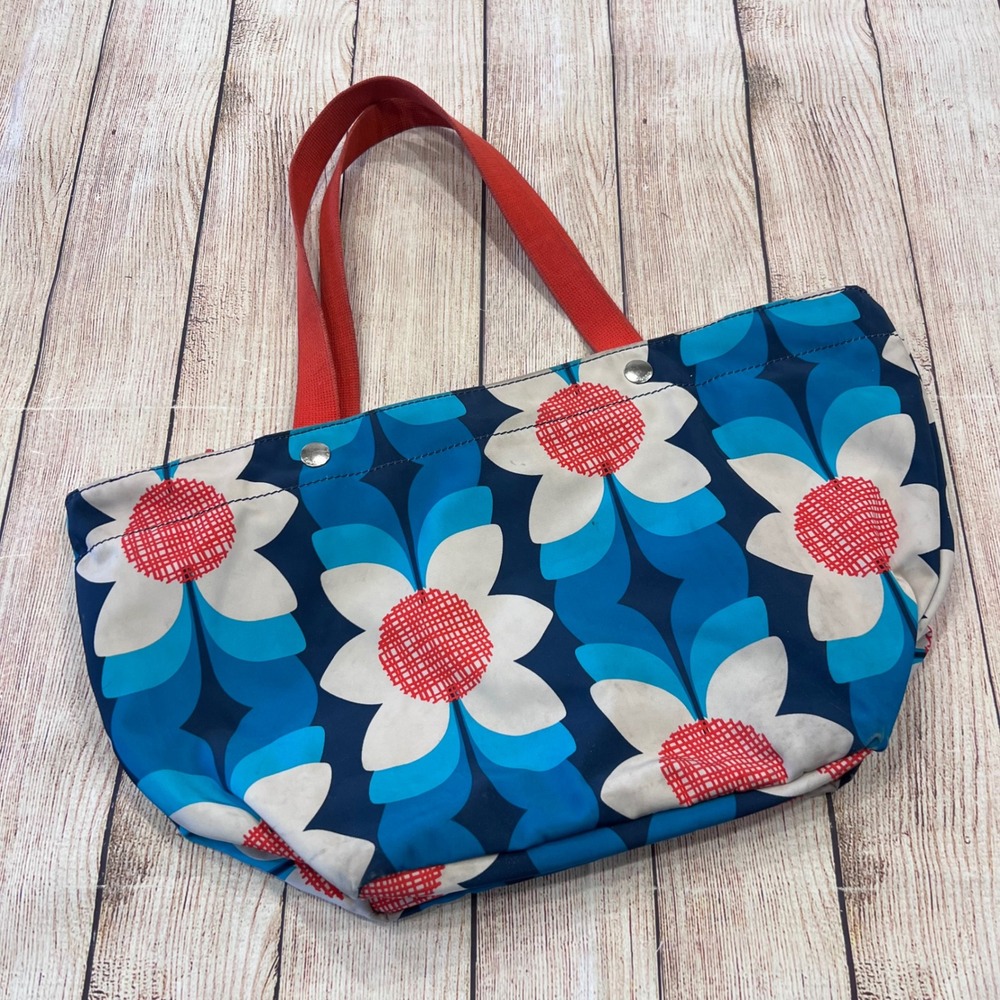 Fossil Floral Nylon Tote Bag Blue White Red Retro Mod Zippered Shopper